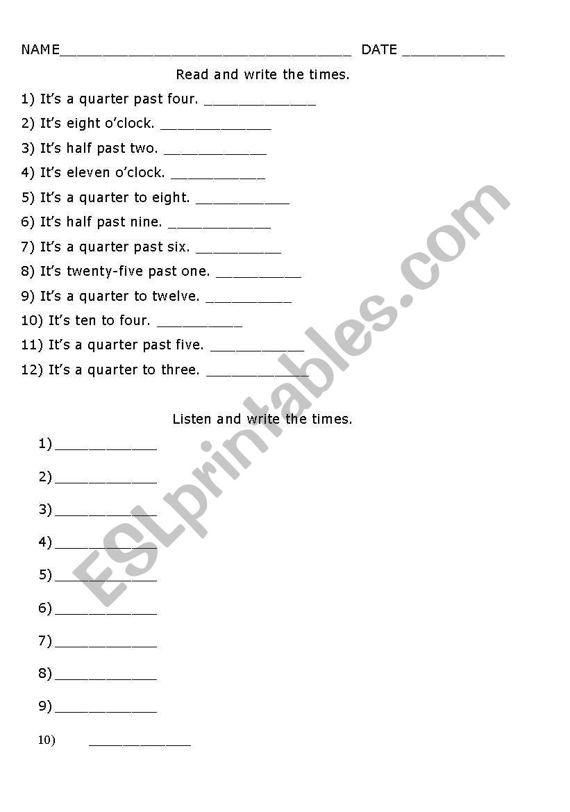 TEST: TELLING THE TIME worksheet