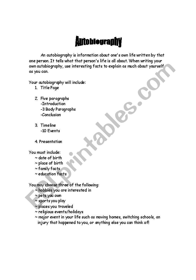 Autobiography Rubric worksheet