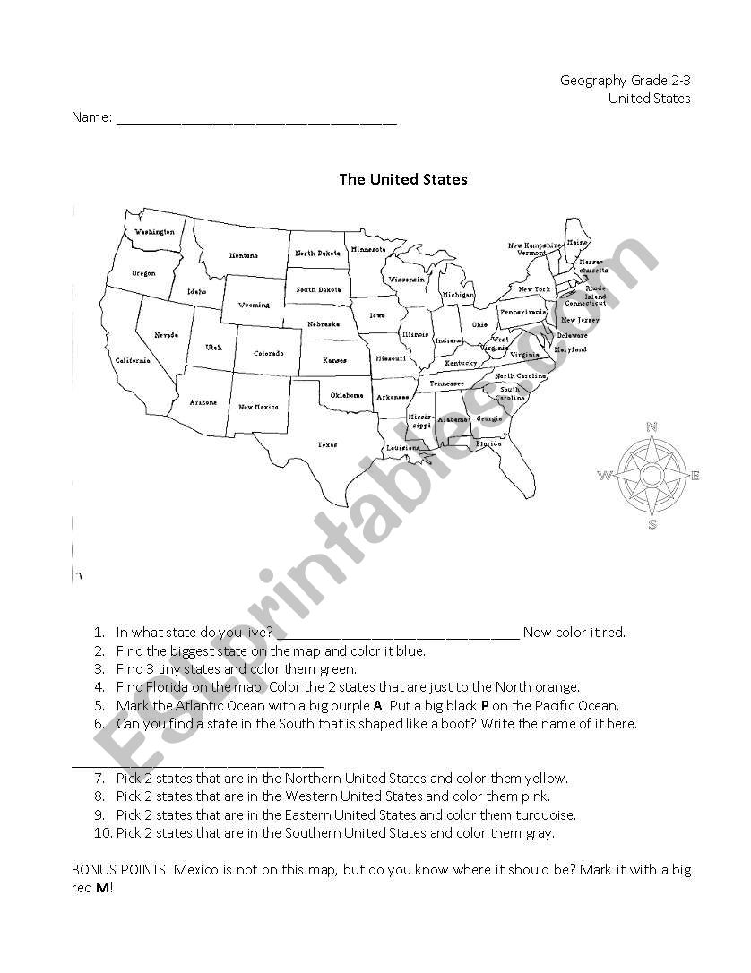 Unites States Geography Worksheet