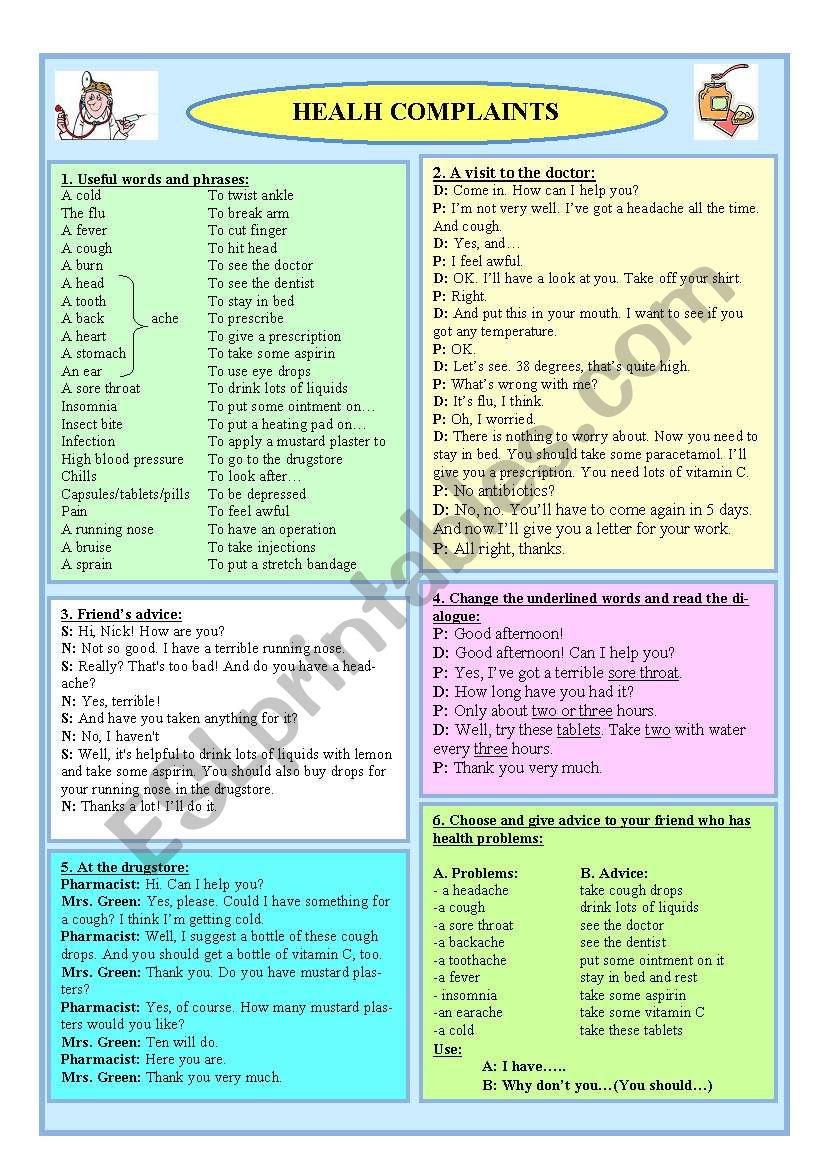 Health Complaints worksheet