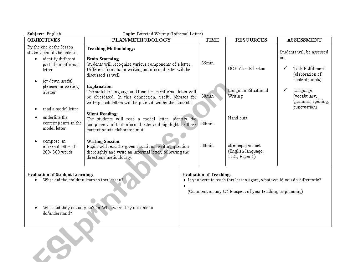 letter writing lesson plan worksheet