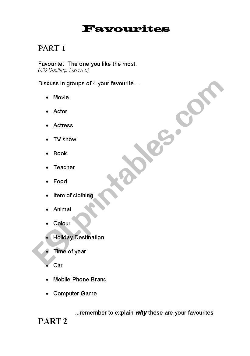 Favourites worksheet