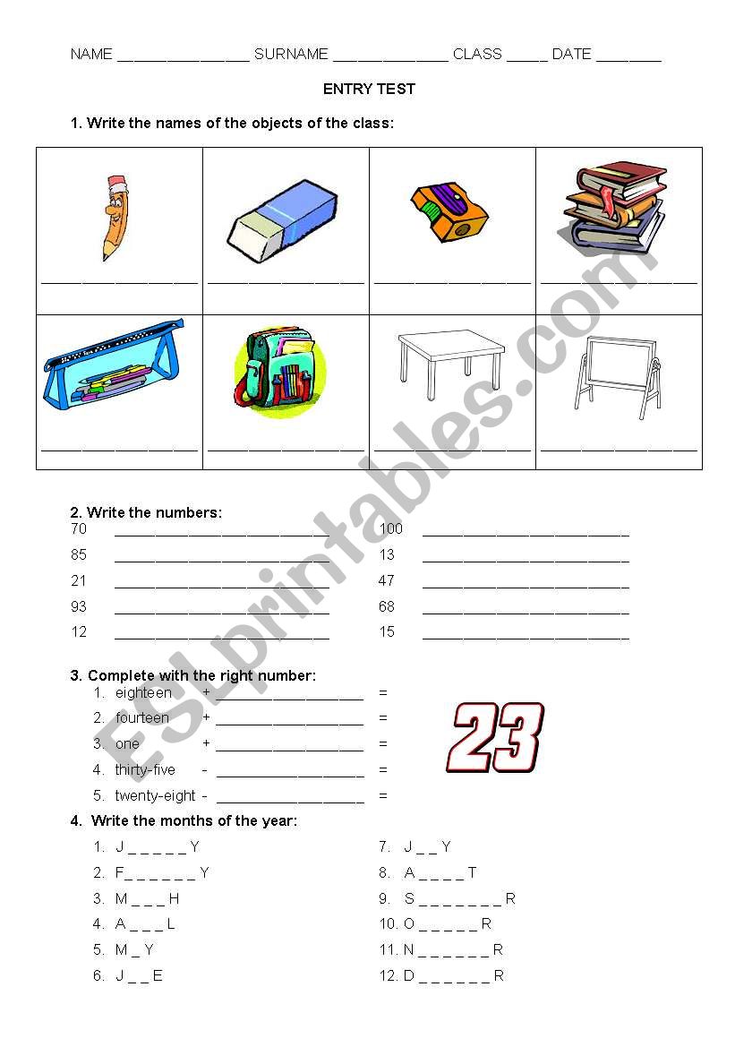 Entry Test worksheet