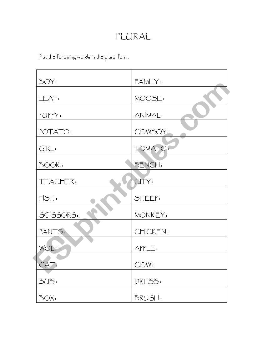 plural test worksheet