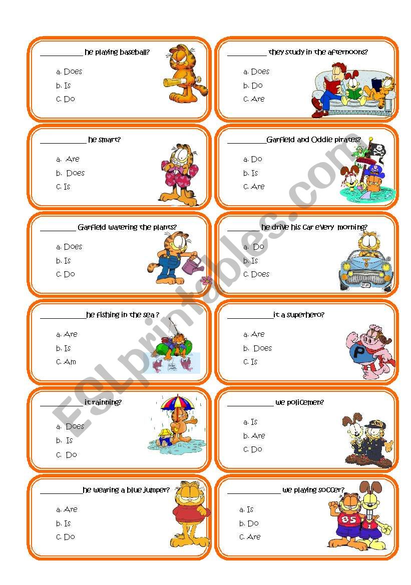 44 Speaking cards practise the auxilialies:do, donÂ´t,does,doesnÂ´t,is,isnÂ´t