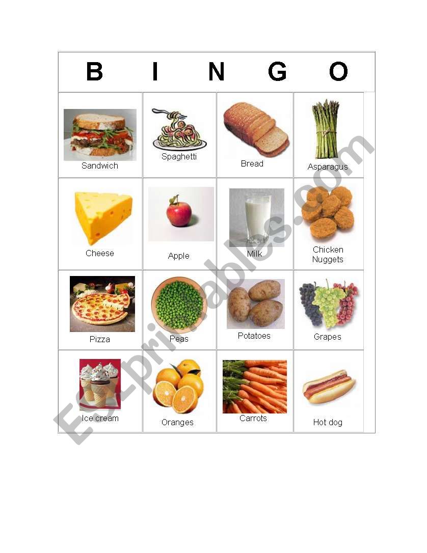 food bingo worksheet