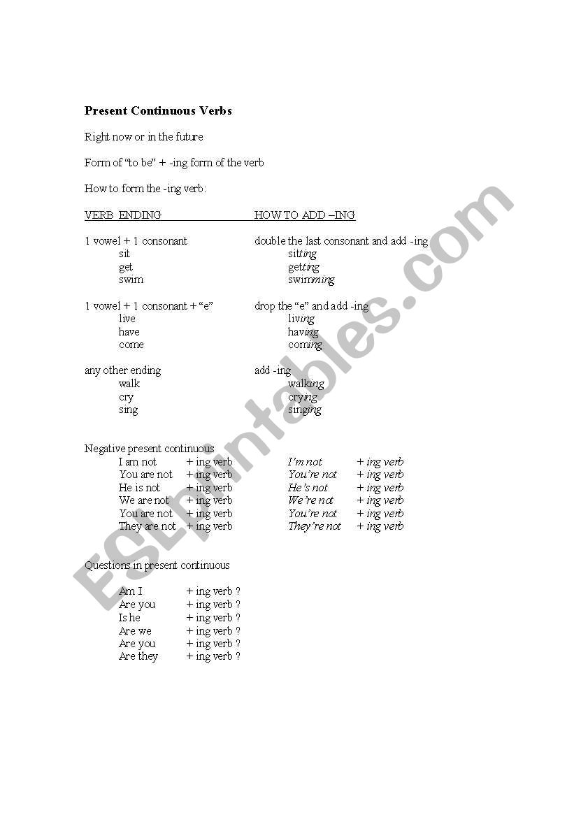 Present Continuous Verbs worksheet
