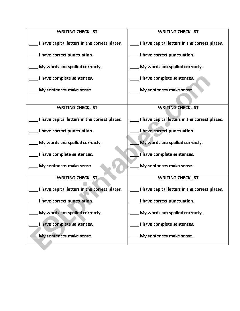 Writing Checklist worksheet