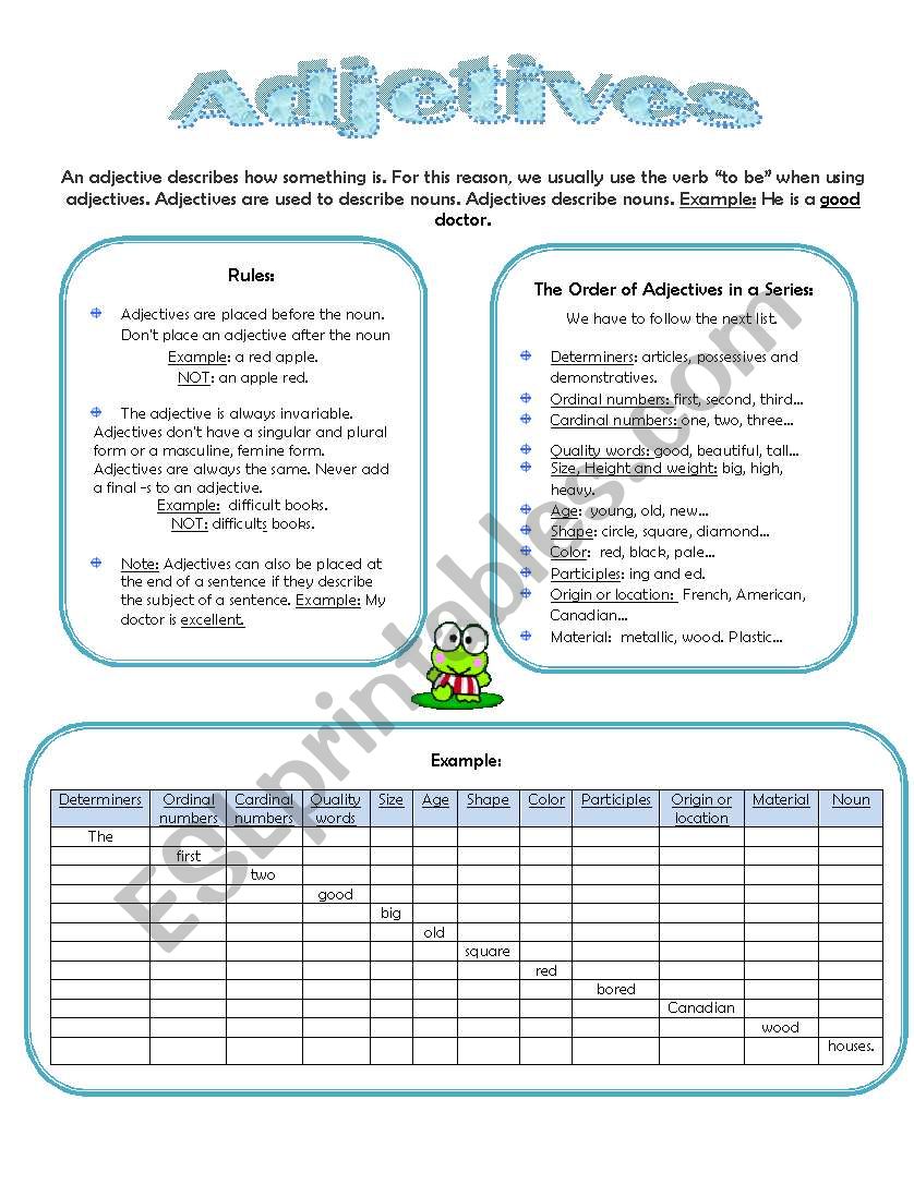 Adjetives explanation worksheet