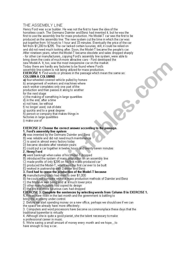 THE ASSEMBLY LINE worksheet