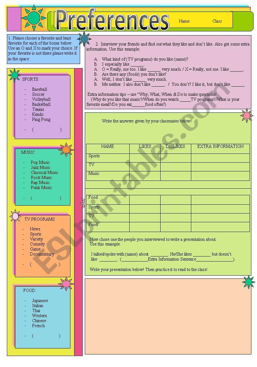 Preferences worksheet