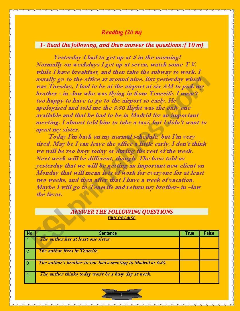  A 20 marks reading passage worksheet