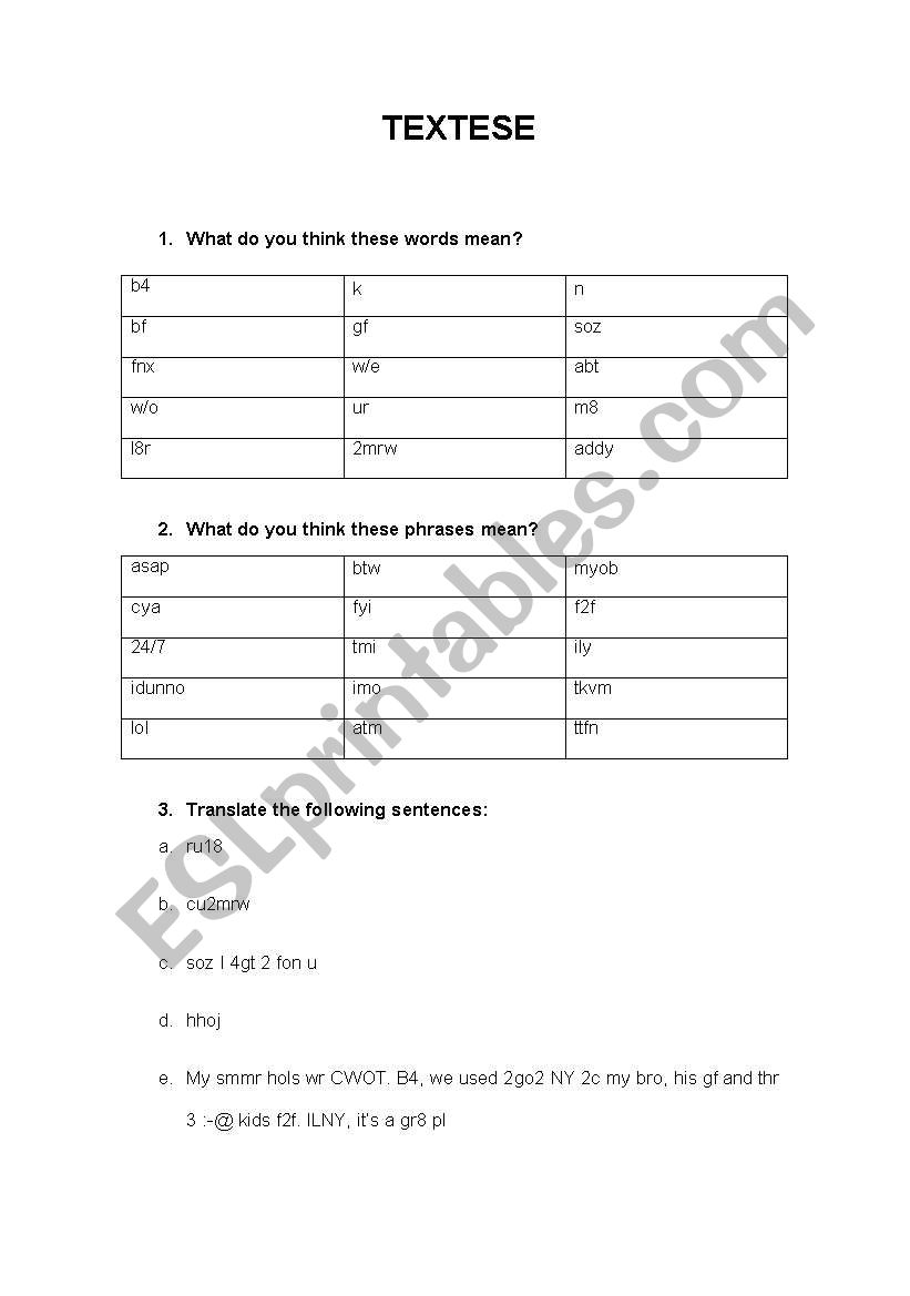 Textese worksheet