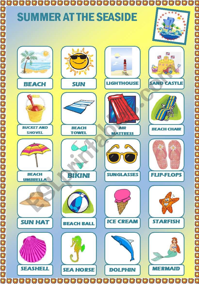 Summer at the seaside - Pictionary + Activities + Answer Key 