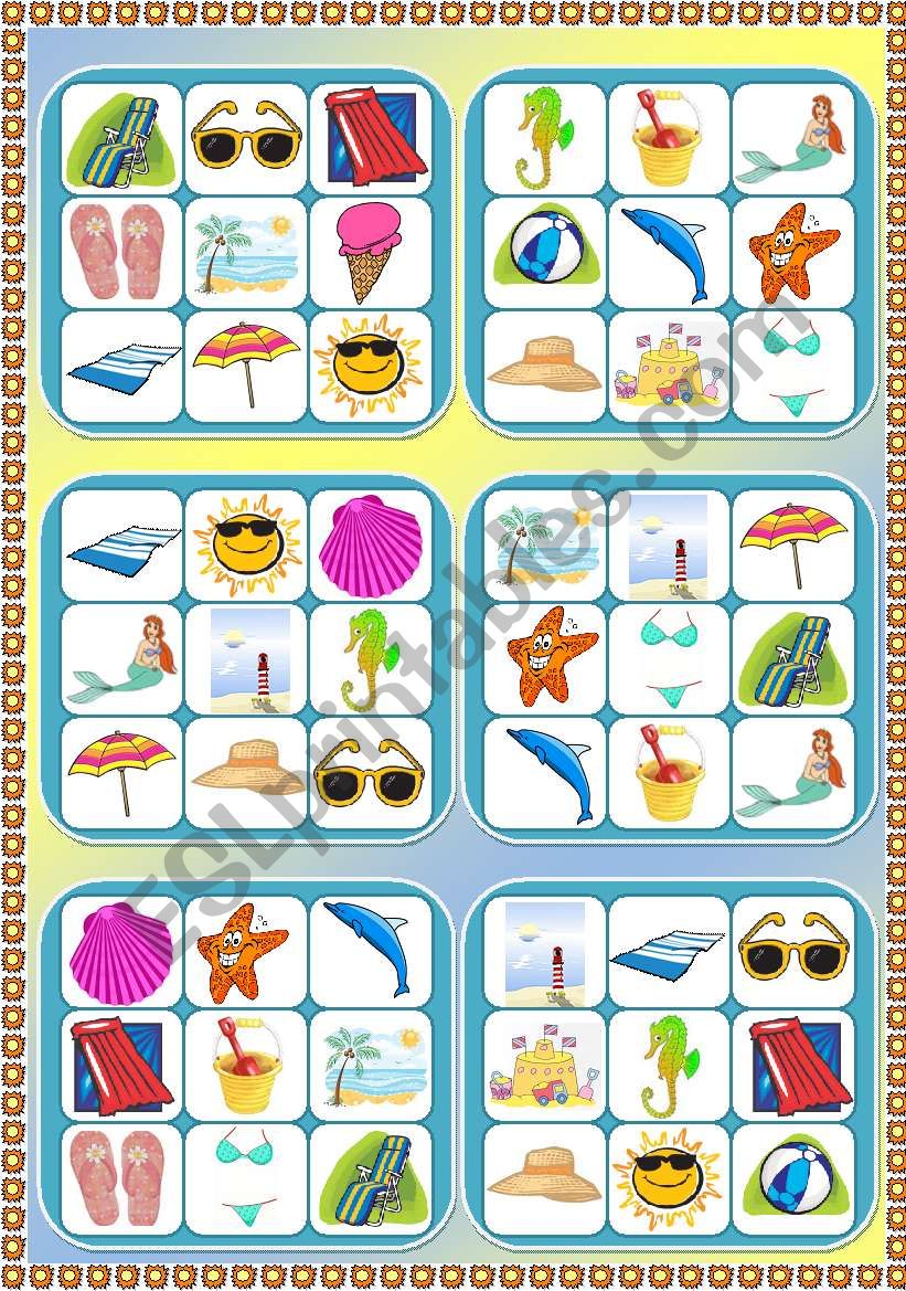 Summer at the seaside - 6 bingo cards + cards with pictures and words to play