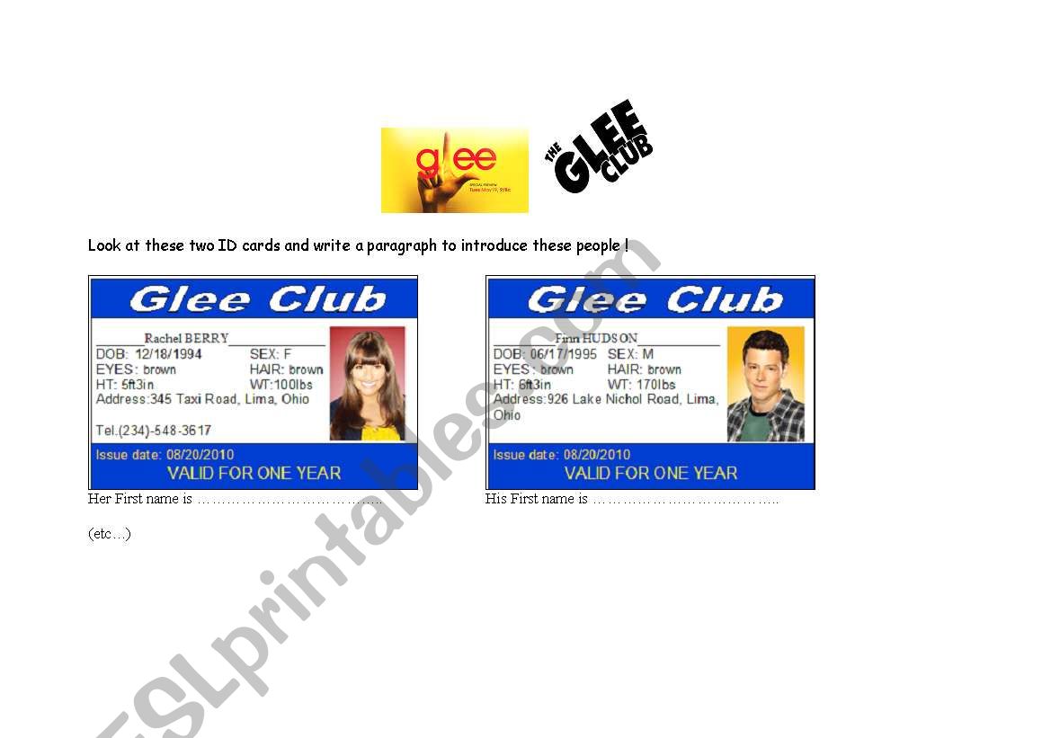 GLEE ID cards worksheet