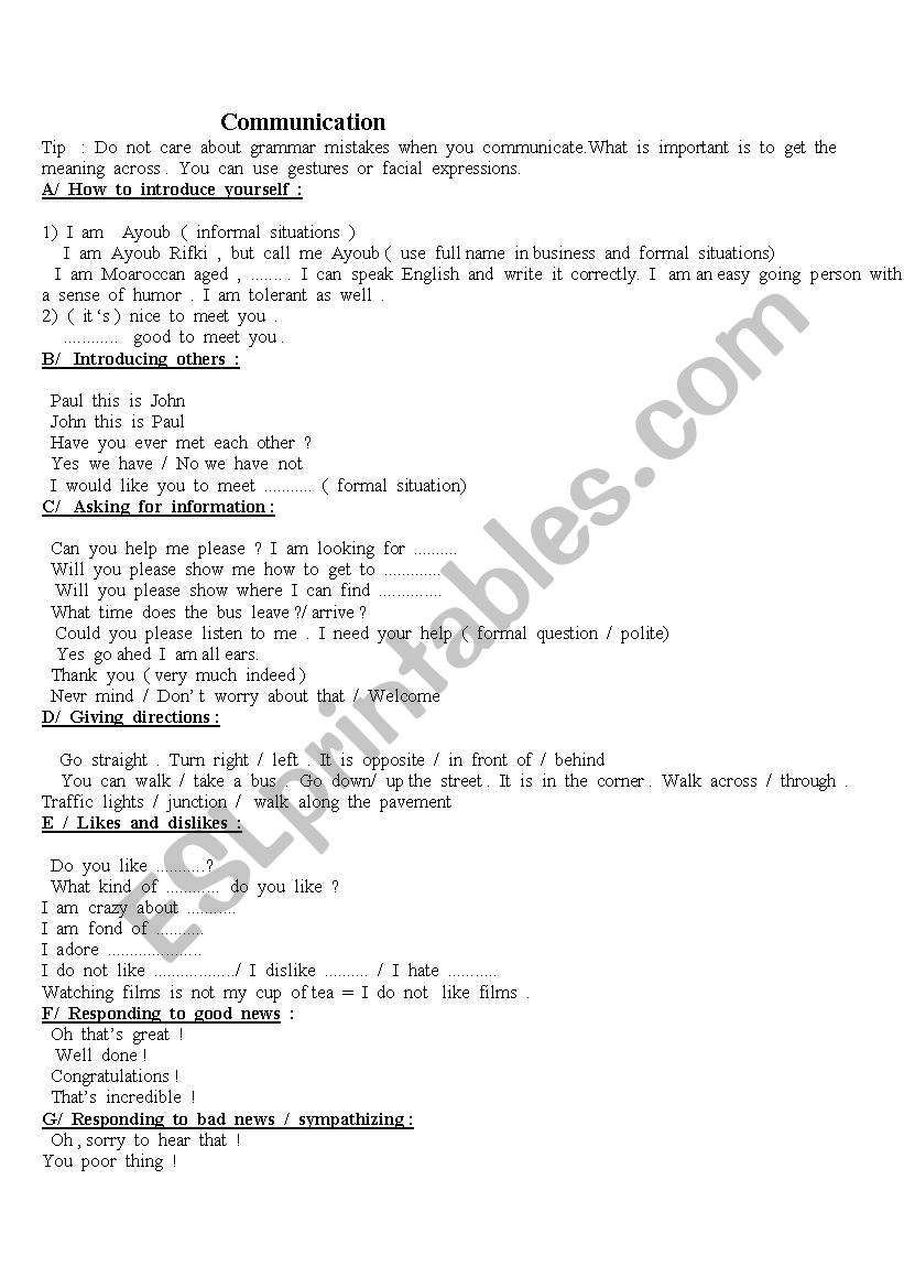 communication worksheet