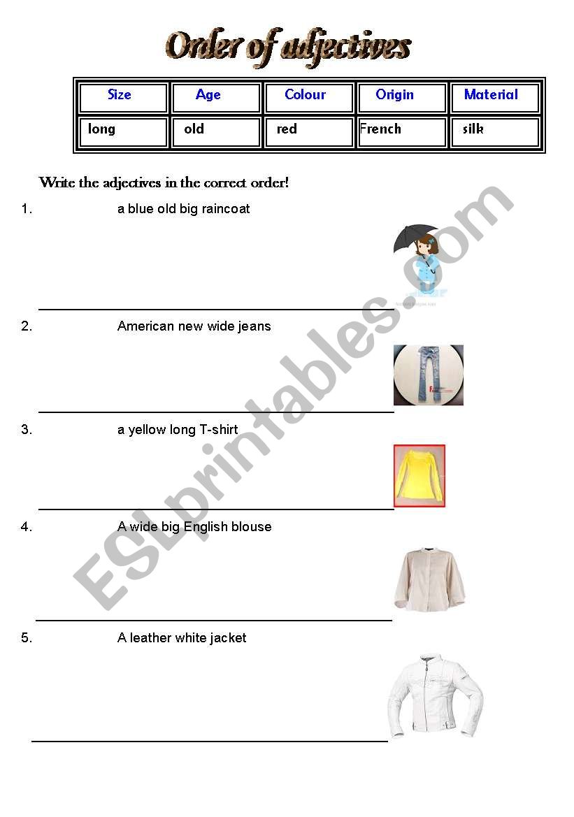 Order of adjectives worksheet