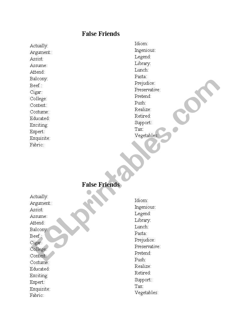 False Cognates worksheet