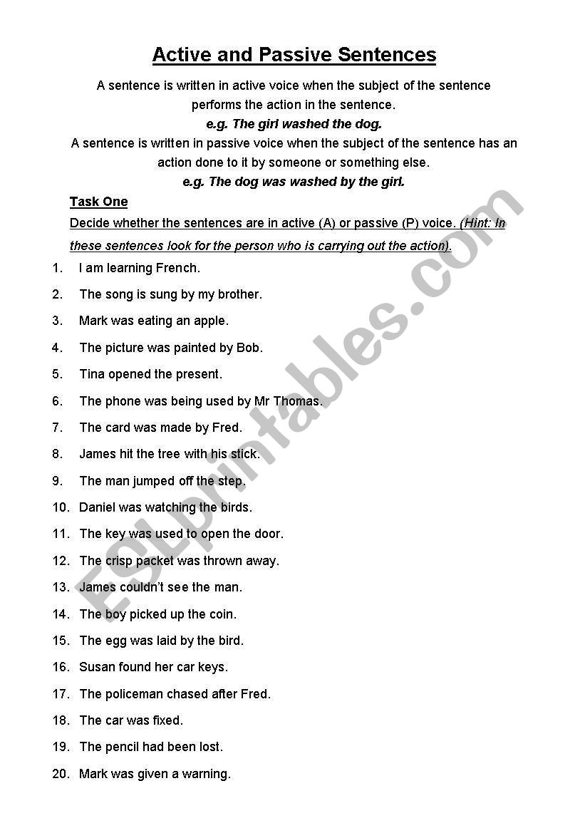 Active and Passive Exercises worksheet