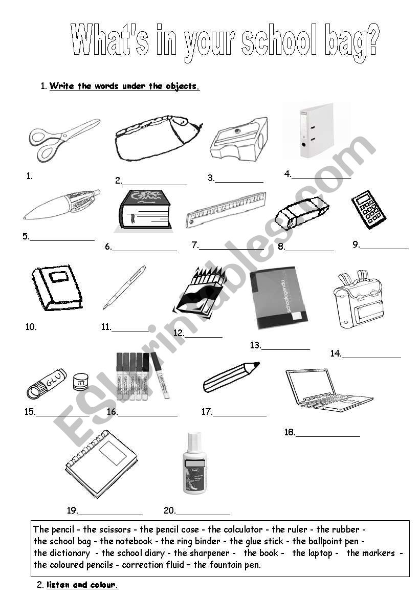 Whats in your school bag? worksheet