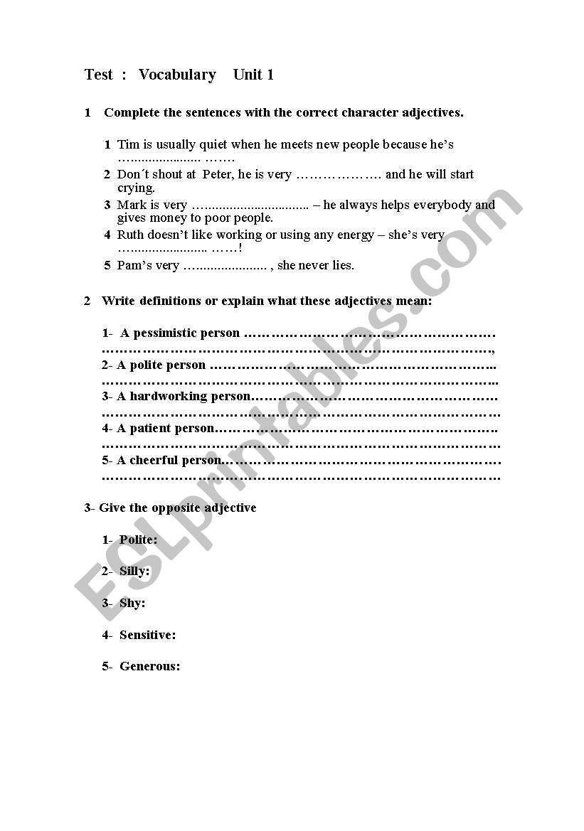 personality adjectives worksheet