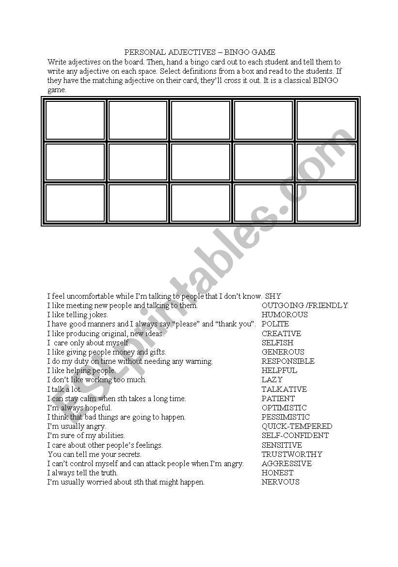 adjectives of personality bingo game