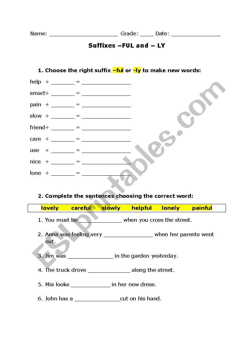 Suffixes FUL and  LY worksheet