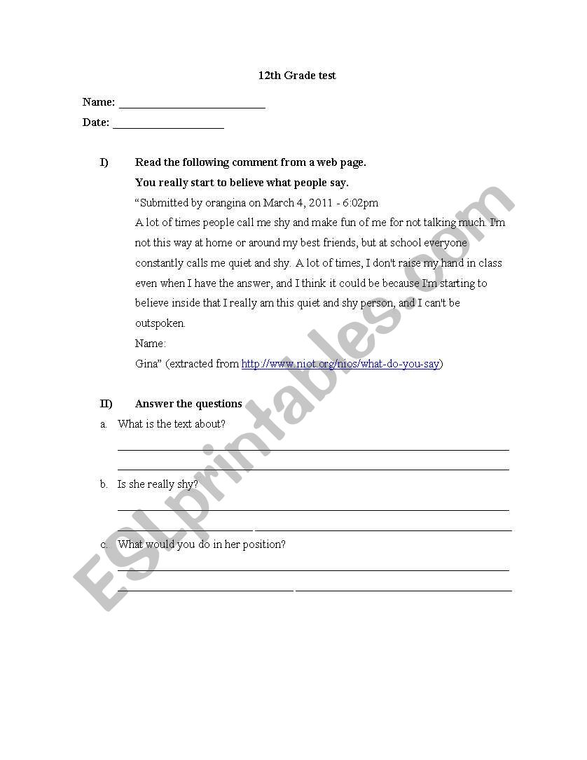 6th grade test worksheet