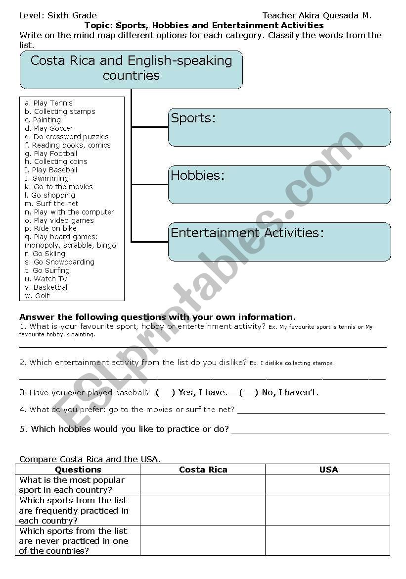 hobbies-sports worksheet