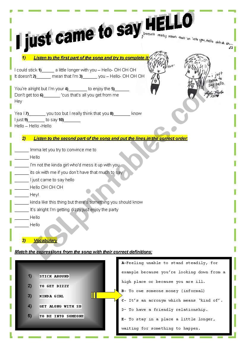 I just came to say hello worksheet