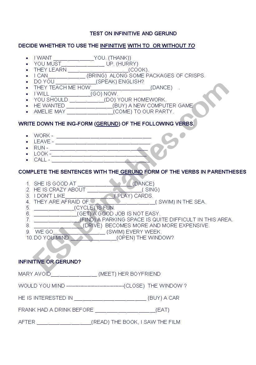 INFINITIVE AND GERUND worksheet