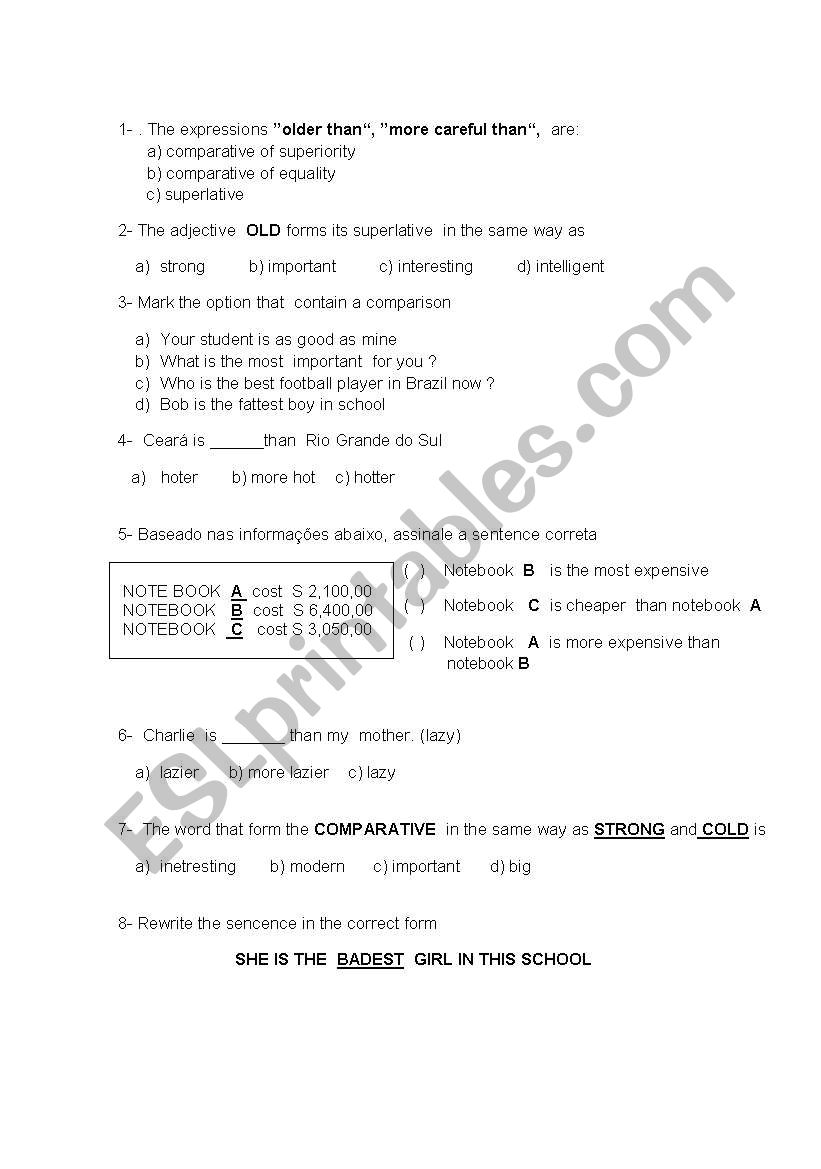 COMPARATIVE AND SUPERLATIVE worksheet