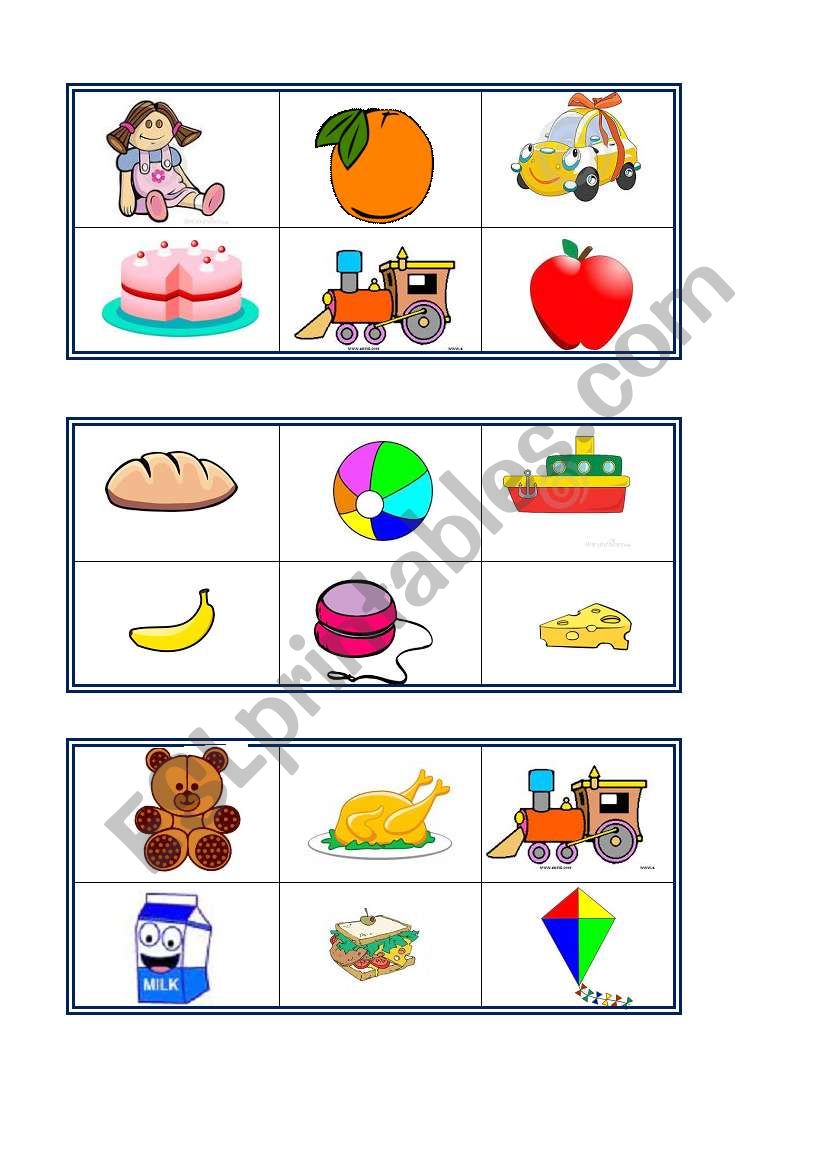 Toys and food bingo cards worksheet