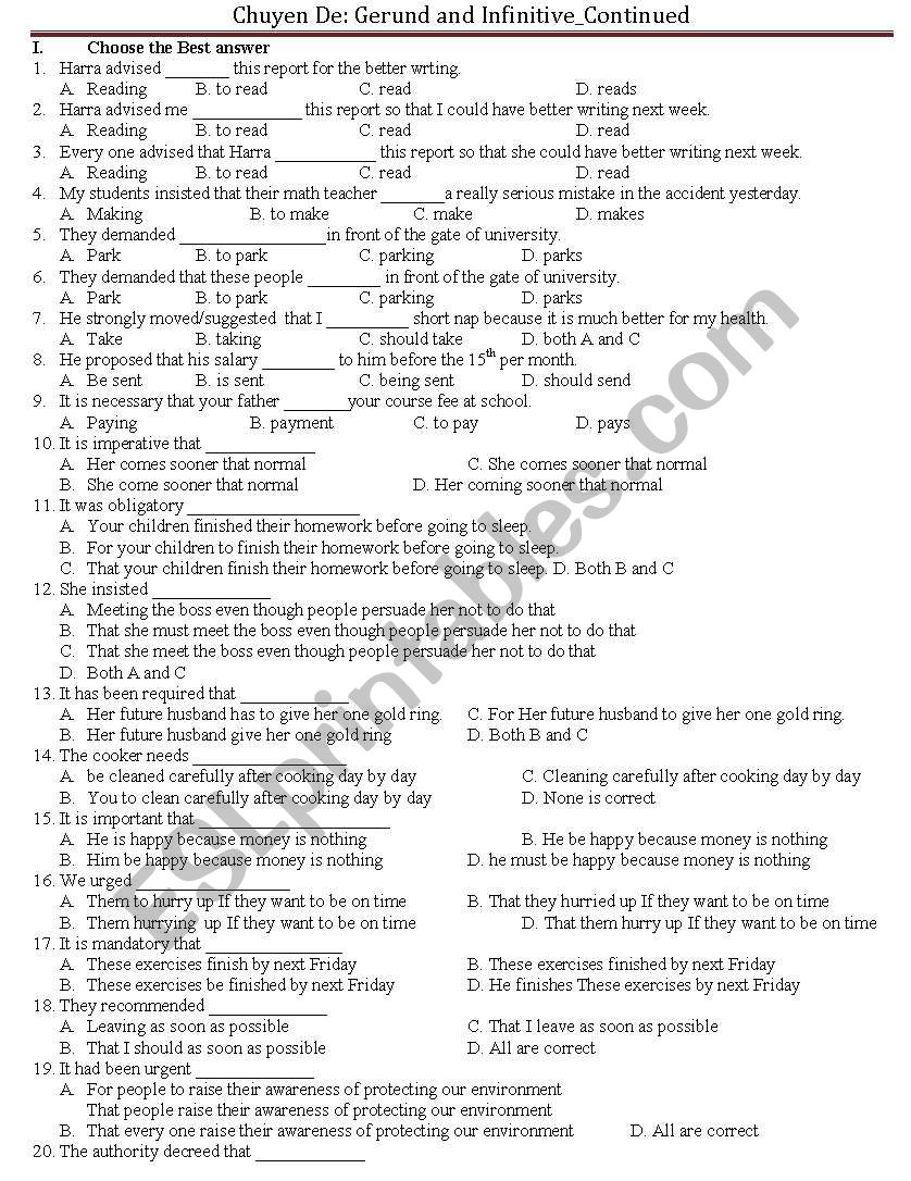 Gerund and infinitive worksheet