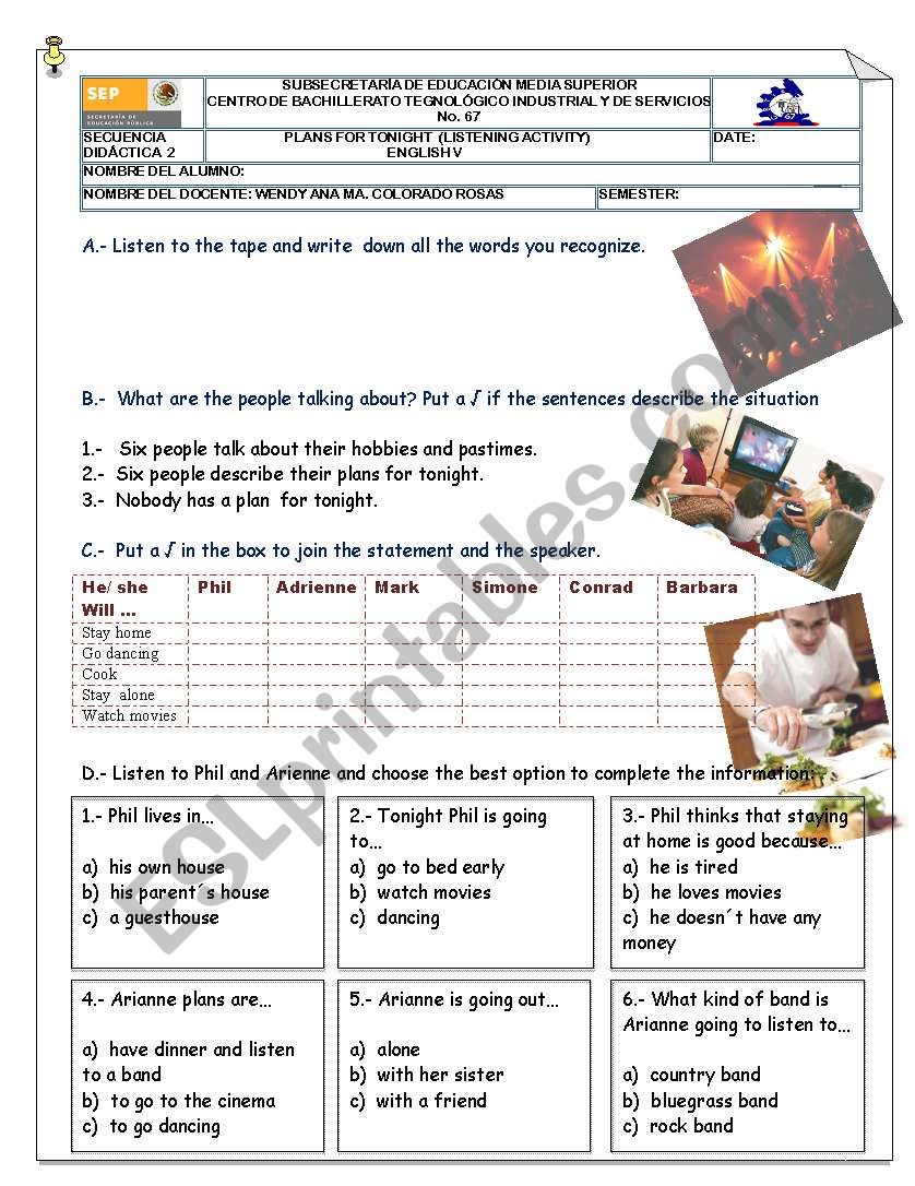 Listening activities worksheet