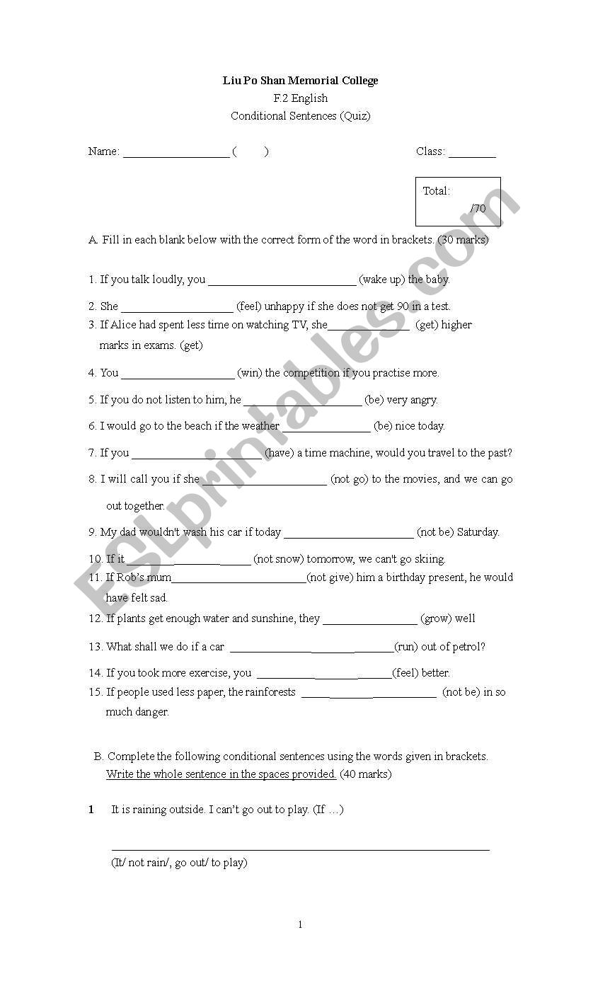 Conditionals Quiz worksheet
