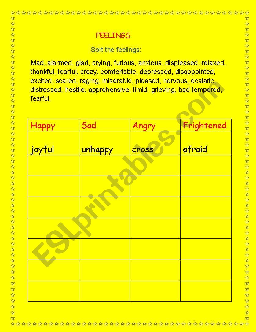 Sort the feelings worksheet