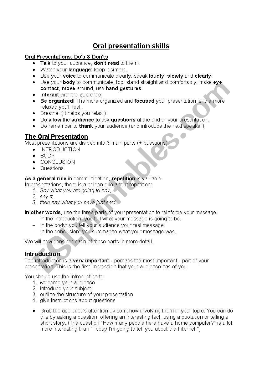 Oral Presentation Skills  worksheet