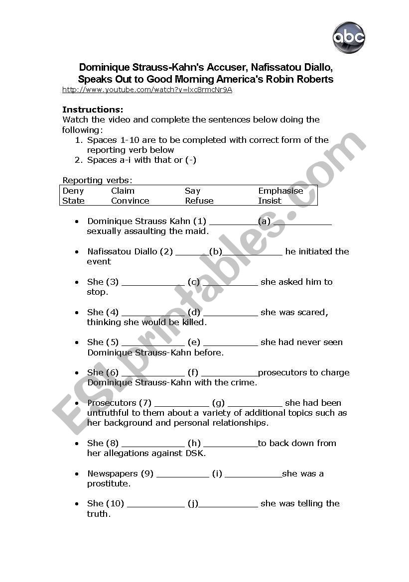 Video: Dominique Strauss Kahnīs accuser speaks out- reported speech activity Video: Dominique Strauss Kahnīs accuser speaks out- reported speech activity