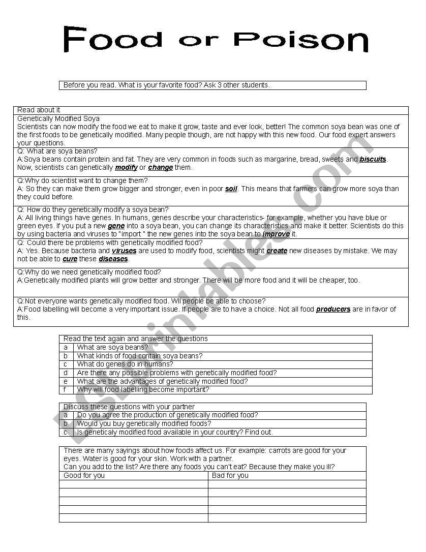 food or poison worksheet