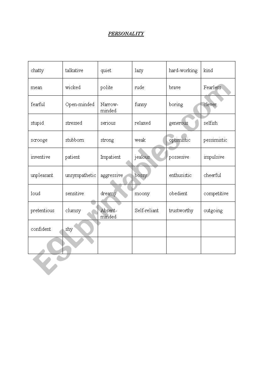 personality (adjectives) worksheet