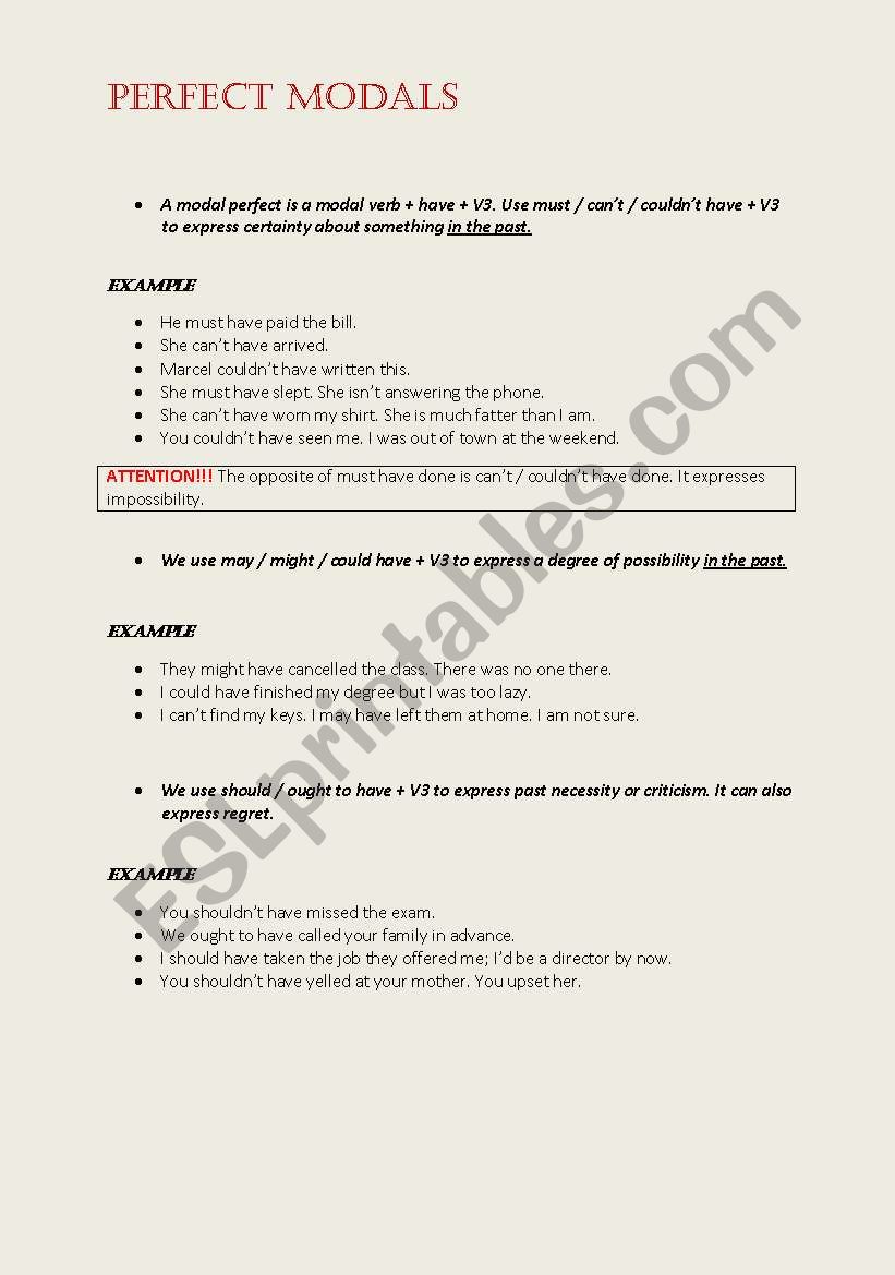 perfect modals worksheet