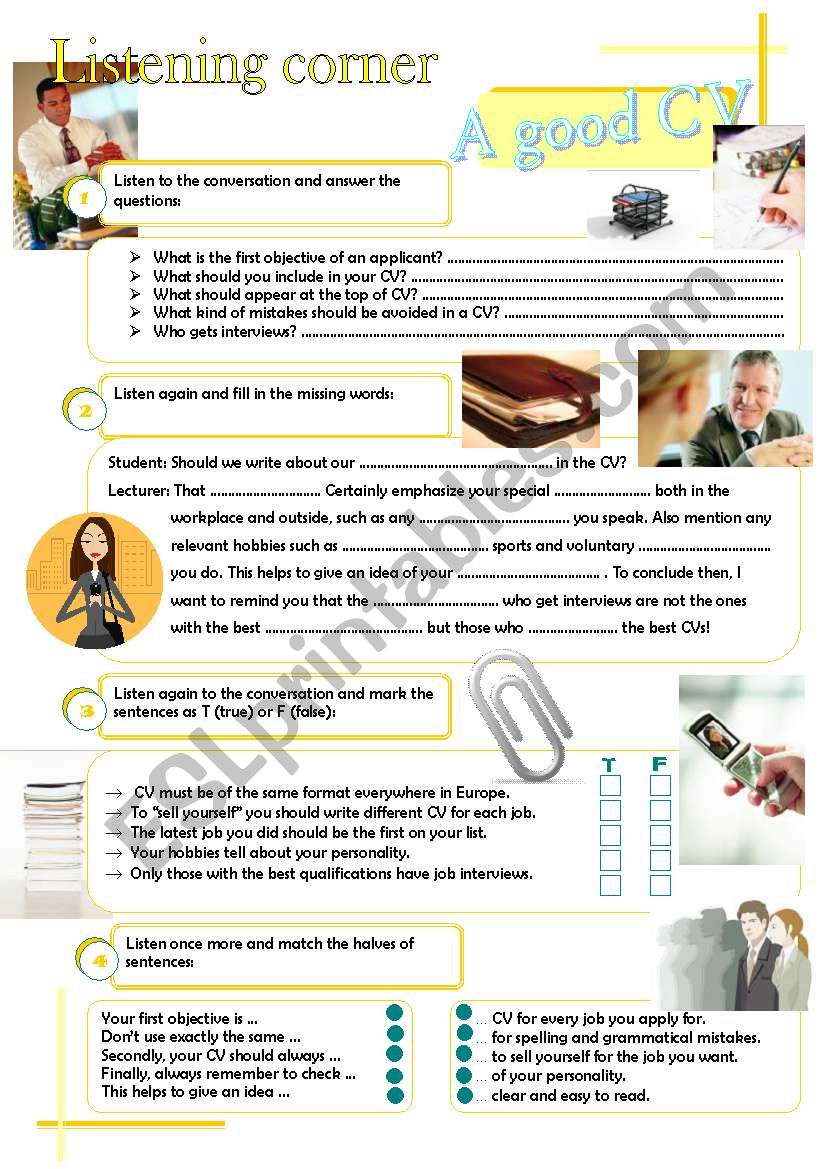 Listening corner - A good CV  (4 exercises**answer key**tapescripts) 