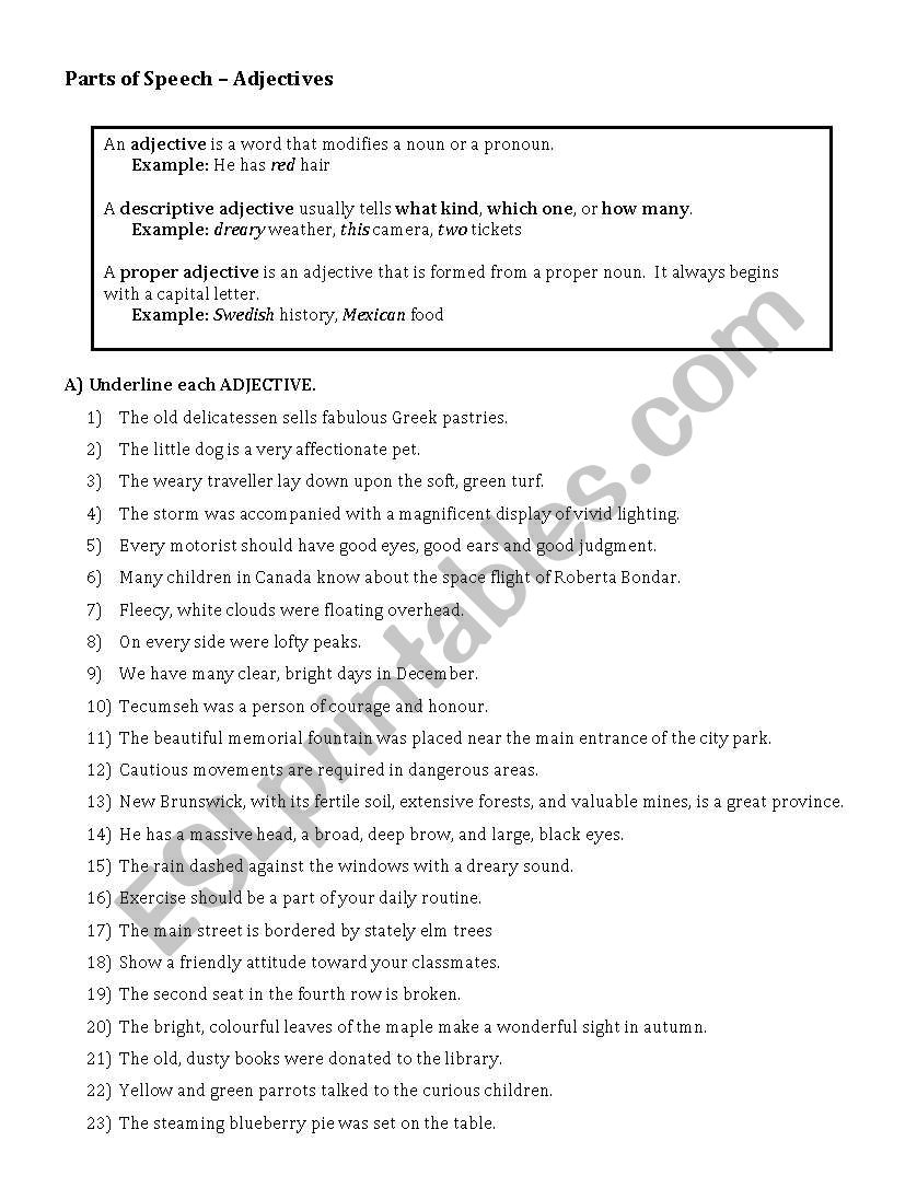 Parts of Speech - Adjectives worksheet