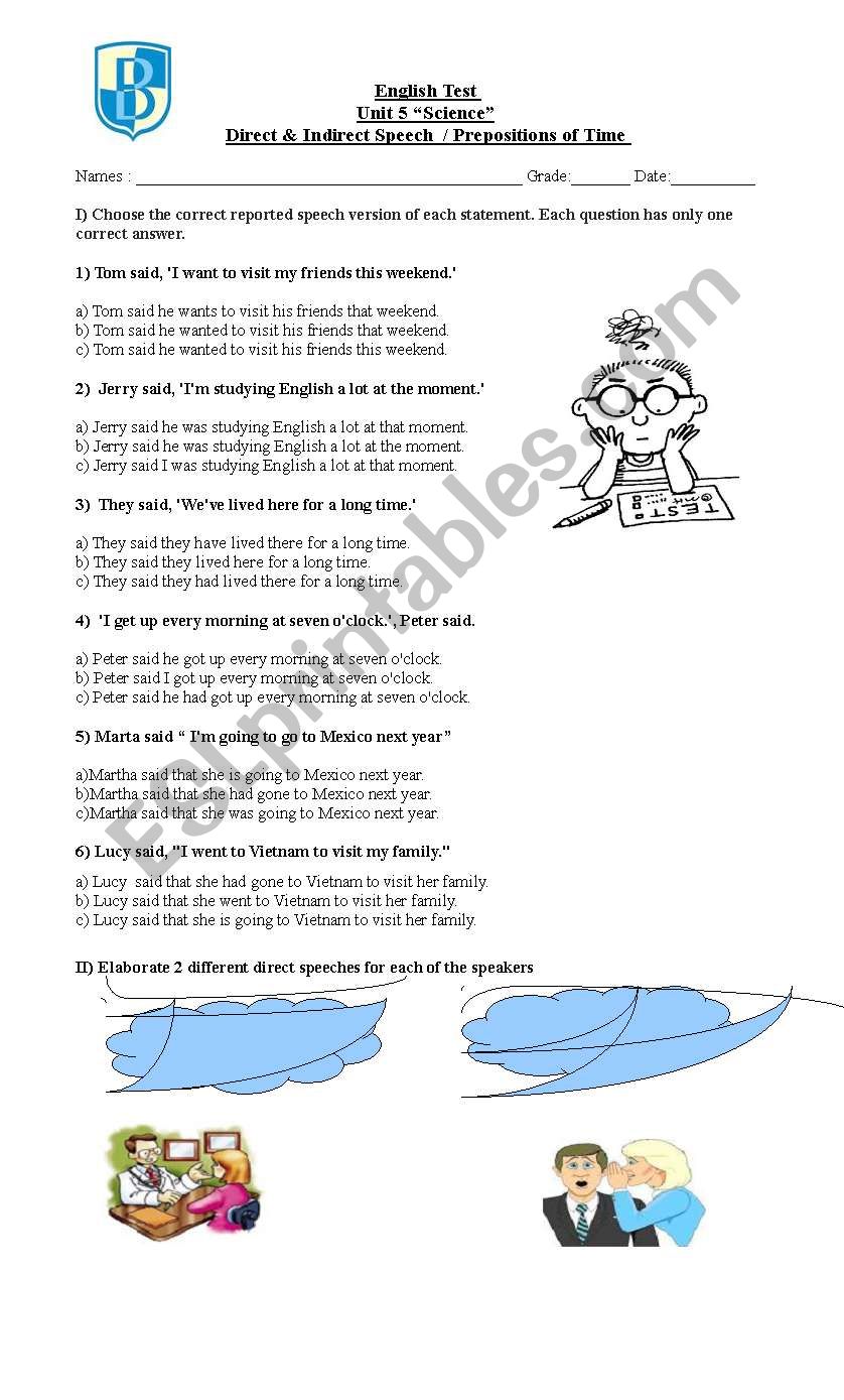 direct and indirect speech / prepositions of time