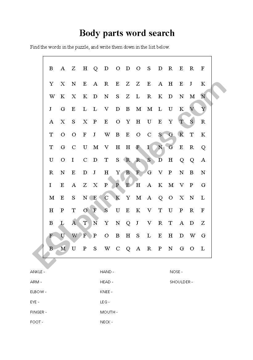 Body parts word search worksheet