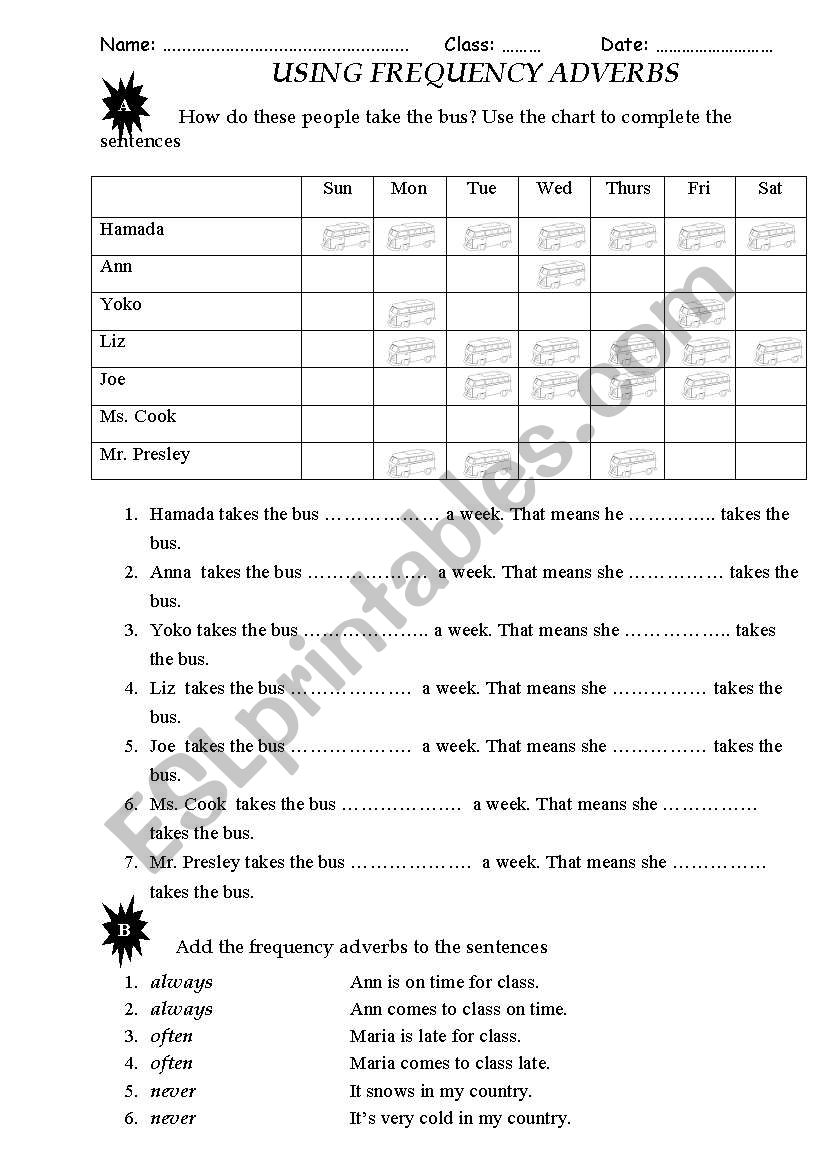 Using Frequency Adverbs worksheet