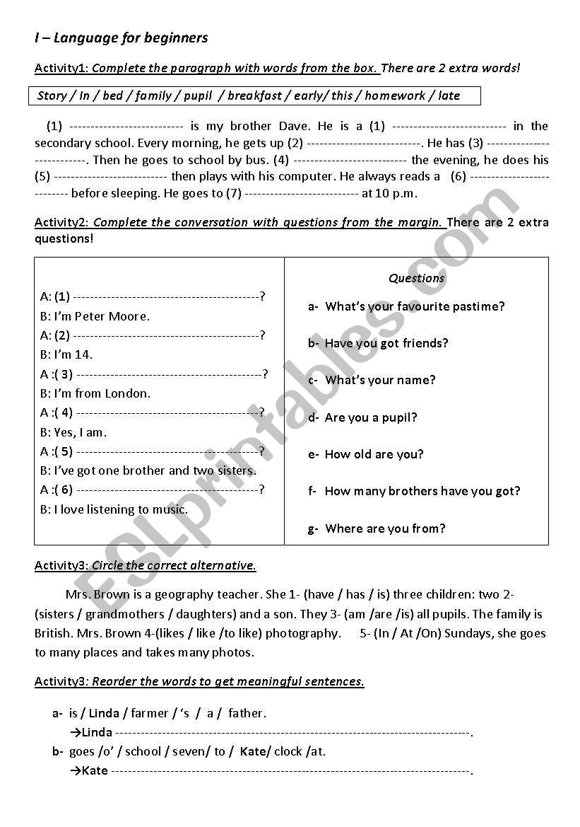 language for beginners worksheet