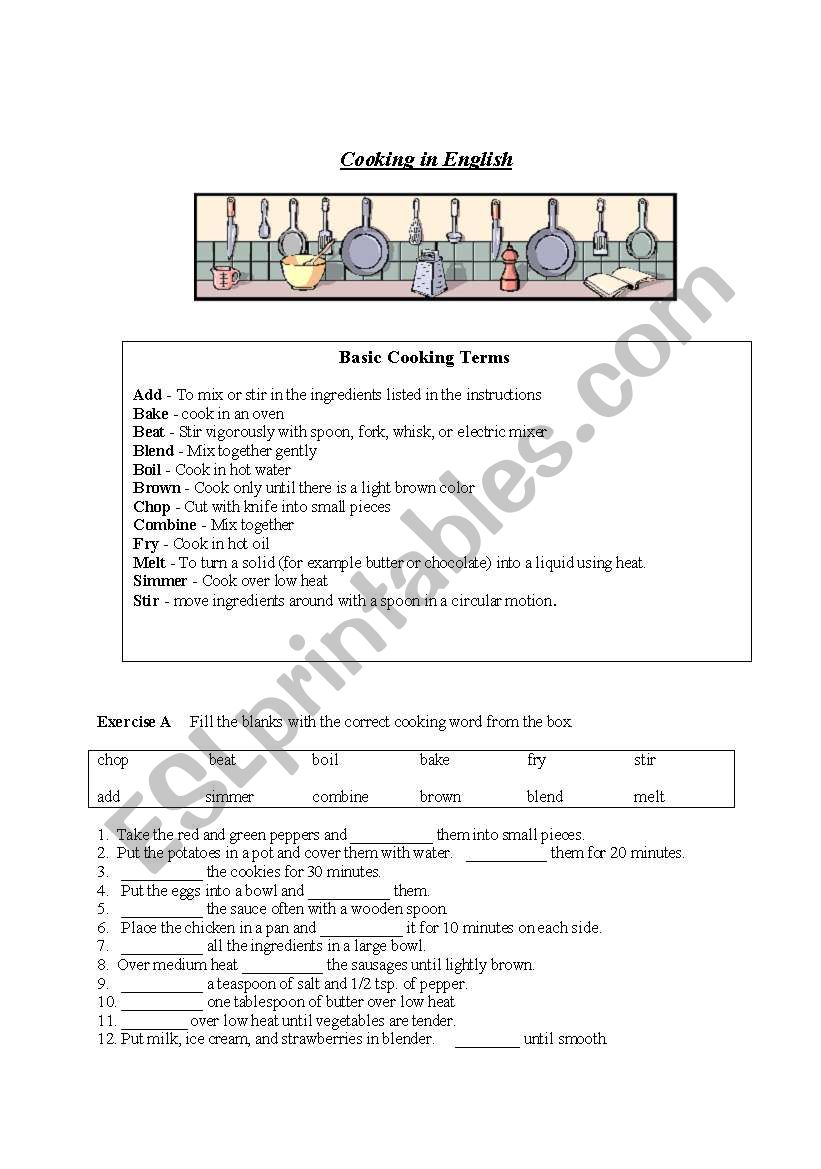 Cooking in English - ESL worksheet by Carole Throughout Basic Cooking Terms Worksheet Answers